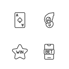 Canvas Print - Set line Online sports betting, Casino win, Playing card with spades symbol and Hand holding casino chips icon. Vector