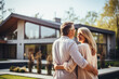 © Mongkol - Fulfillment of dreams as a mature couple embraces in front of their new big modern house. Concept of homeownership, the joy of family life, and the realization of a housing dream.