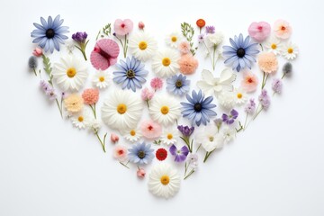 Wall Mural - White background with beautiful flower-themed hearts. Generative AI