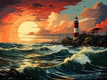 AI Generated Illustration Of A Lighthouse Against Sea Waves At Sunset