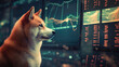 © Valeriia - A Shiba Inu, a symbol of crypto culture, poses in front of a cryptocurrency trading chart, epitomizing the digital finance era