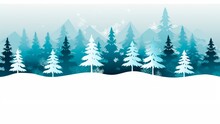 Minimalist Green  And White Christmas Background Line Art Illustration With Trees, Snow And Stars, Xmas Card Background Banner, Copy Space For Text