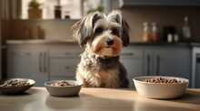 A hungry dog patiently waits next to its full food bowl