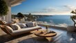 Relaxation area on the modern terrace with panoramic sea views.