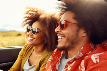 Happy young couple driving a cabriolet to the countryside.. Summer vacation and travel concept