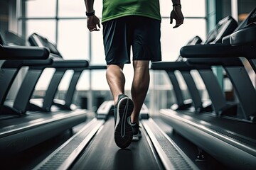 Sticker - Young man running on a treadmill in a modern gym. Toned image, man walking on treadmill at fitness gym club, top section cropped, AI Generated