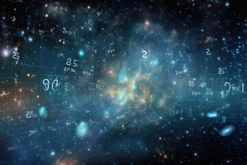 Poster - Futuristic space background. Design element for graphics artworks, Mathematical and physical formulas against the background of a galaxy in universe. Space Background on the, AI Generated