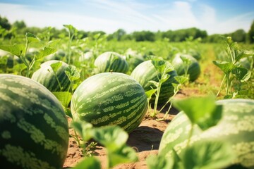 Sticker - Watermelons growing on the field in summer. Close up, Mature big watermelons in the watermelon field, background blurry, AI Generated