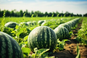 Sticker - Watermelons growing on a field in summer. Agricultural landscape, Mature big watermelons in the watermelon field, background blurry, AI Generated