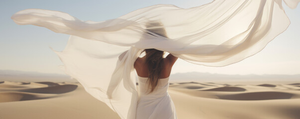 Woman in a long white dress walking in the desert with flowing fabric in the wind