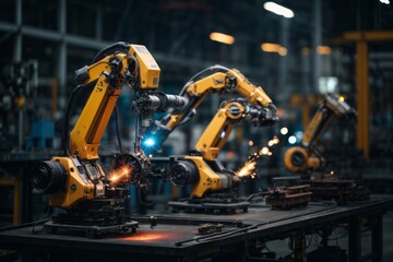 Poster - The futuristic robotic arms working on the assembly of the techniques
