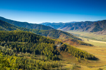 Wall Mural - High angle drone view of scenic landscape with mountain ranges against clear blue sky at Altai, Russia 