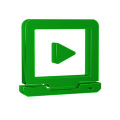 Wall Mural - Green Online play video icon isolated on transparent background. Laptop and film strip with play sign.