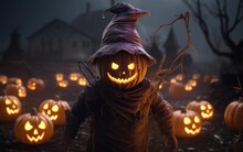AI Generated Illustration Of A Scarecrow With A Carved Pumpkin Head Lit By A Candle