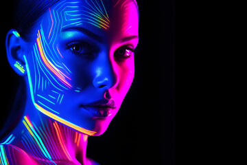 Wall Mural - Fashion Surreal Concept. Closeup portrait of stunning girl portrait with abstract, graphic highlighters rainbow ultra-bright neon lines . dynamic dramatic composition, advertisement, copy space	     
