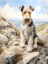 Beautiful Portrait Of A Black And White Fox Terrier Dog With Brown Spots Sitting On The Stones At The Top Of A Hill. Realistic Illustration With Watercolor Style.