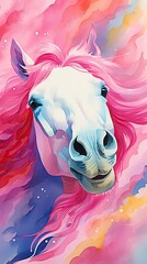 Poster -  a painting of a white horse with a pink mane and a blue sky in the background and a pink cloud in the foreground.  generative ai