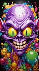 Wall Mural -  a painting of a purple creature with yellow eyes and a creepy grin on it's face, surrounded by candy and candies.  generative ai