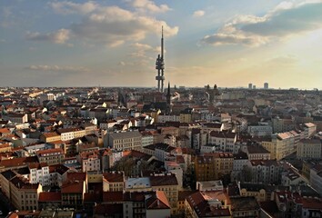 Poster - Aerial view of Prague skyline with Zizkov television tower transmitter in Czech Republic ar sunset