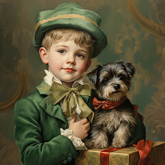 Wall Mural - Vintage Christmas photo. Boy in a green suit with a dog