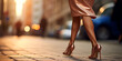 Beautiful women's legs in high heels close-up, picture of a sexy woman legs in fashionable nice high heels walking in the evening city, generative AI
