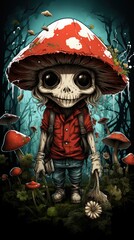 Canvas Print -  a digital painting of a skeleton with a mushroom on it's head and a red hat on its head.  generative ai