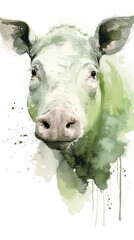 Wall Mural -  a watercolor painting of a pig's face with a green spot on it's left side and a green spot on the right side of the pig's head.  generative ai