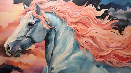 Wall Mural -  a painting of a white horse with pink manes in front of a colorful sky with clouds and sunbeams.  generative ai