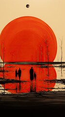 Wall Mural -  a painting of two people standing in front of a large orange ball on a body of water with trees in the foreground.  generative ai