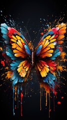 Sticker -  a colorful butterfly with lots of paint splatters on it's wings and wings, with a black background.  generative ai