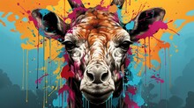  A Close Up Of A Giraffe's Face With Paint Splatters On The Wall Behind It.  Generative Ai