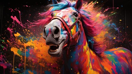 Canvas Print -  a colorful horse with it's mouth open and it's mouth wide open with paint splatters all over it.  generative ai