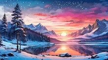 Snowy Beautiful Forest Landscape, Winter Lake Landscape, Wintry Forest Wallpaper, Sunrise In A Impressive Frozen Woodland