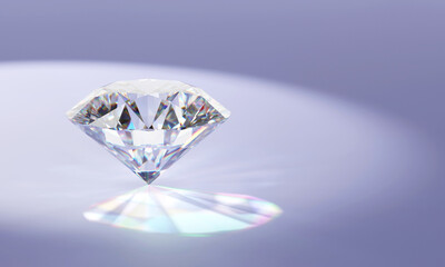 Poster - One clear brilliant diamond placed on blue glossy background 3d rendering