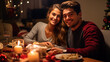 © MP Studio - Smiling couple close together at a festive Christmas dinner setting, with lit candles and a decorated tree in the background, creating a warm and intimate atmosphere.