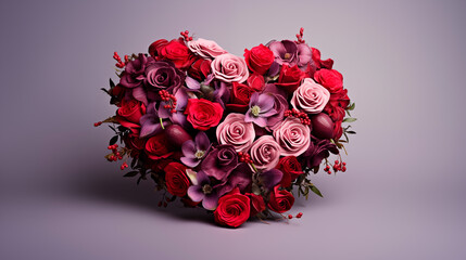 A bouquet of different flowers in the shape of a heart. Valentine's Day. Love concept. Bouquet on a gray background, close-up