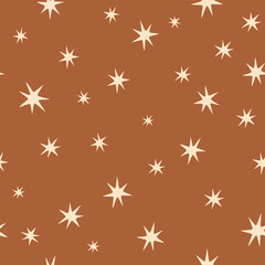 Wall Mural - Brown boho stars seamless pattern. Hand drawn sky repeat background. Vector starry print, endless wallpaper, wrapping paper fabric, pastel cozy textile design.