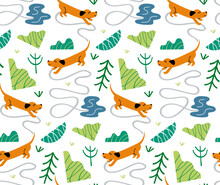 Seamless Vector Pattern With A Traveling Dachshund.