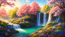 A Beautiful Paradise Land Full Of Flowers,  Sakura Trees, Rivers And Waterfalls, A Blooming And Magical Idyllic Eden Garden