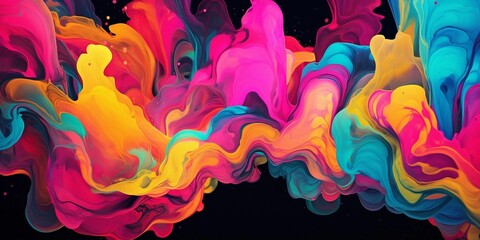 Sticker - Abstract art of vibrant multicolored liquid paint on a black background, AI-generated.