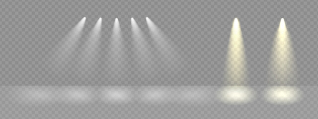 Poster - Spotlight line on award stage png. Spot lamps ray effect on transparent vector background. Golden podium beams flare