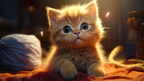 Fototapeta Most - realistic little kitten playing with wool, photorealistic artwork