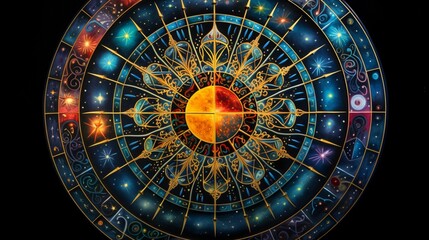 a mandala resembling a celestial map, with cosmic patterns in vibrant colors that ignite the imagina