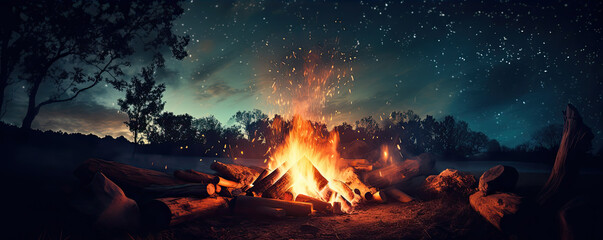 forest trip by the campfire in the night time.