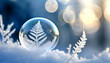 Soap bubble in winter with ice flowers and space for text, generated image