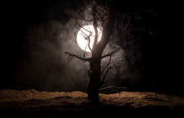 Silhouette of scary Halloween tree with horror face on dark foggy toned background with moon on back side. Scary horror tree with zombie and monster demon faces.