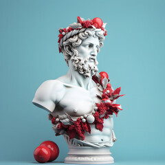 A beautiful statue of Christmas Apollo. Red decorations on the head and chest. Pastel blue background.