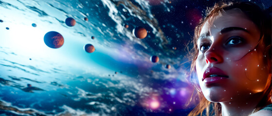 Woman is looking at the planets in the sky with her eyes closed.