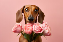 Dachshund Dog With Rose Flowers In Front Of Pink Studio Background