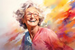 watercolor portrait of a laughing modern elderly lady, demonstrating a beautiful and active old age, the concept of women's day, mother's and grandmother's day.